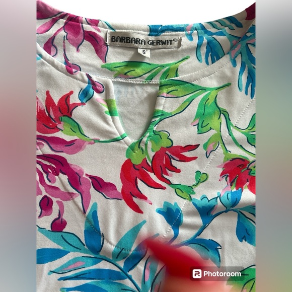 Barbara Gerwit Tunic Dress Multicolor Floral V-Neck Stretch Sz S 3/4 Sleeves EUC - Picture 3 of 17